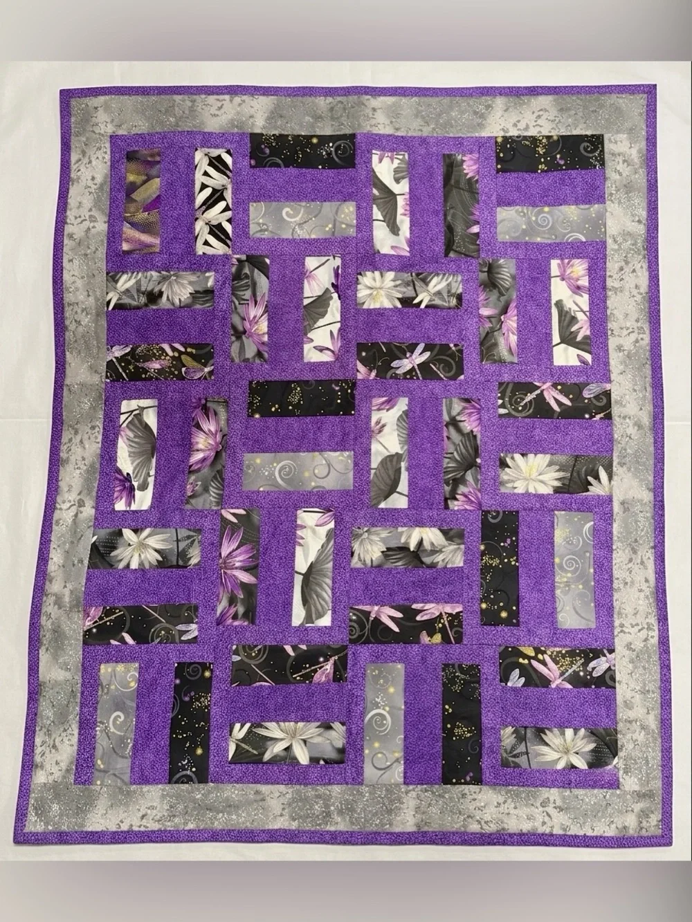 Purple Sparkle Grey Floral Patchwork Quilt - Baby Size Quilt